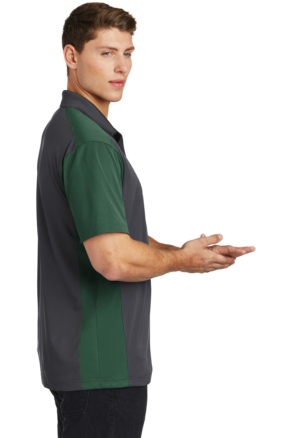 Sport-Tek ST652 Mens Sport-Wick Moisture Wicking Short Sleeve Polo Shirt Iron Grey/Forest Green Model Side