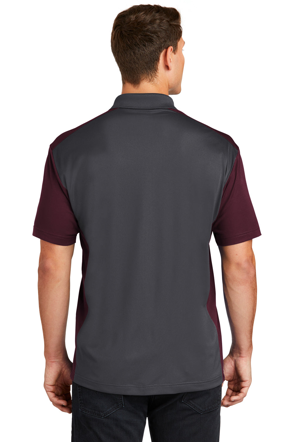 Sport-Tek ST652 Mens Sport-Wick Moisture Wicking Short Sleeve Polo Shirt Iron Grey/Maroon Model Back