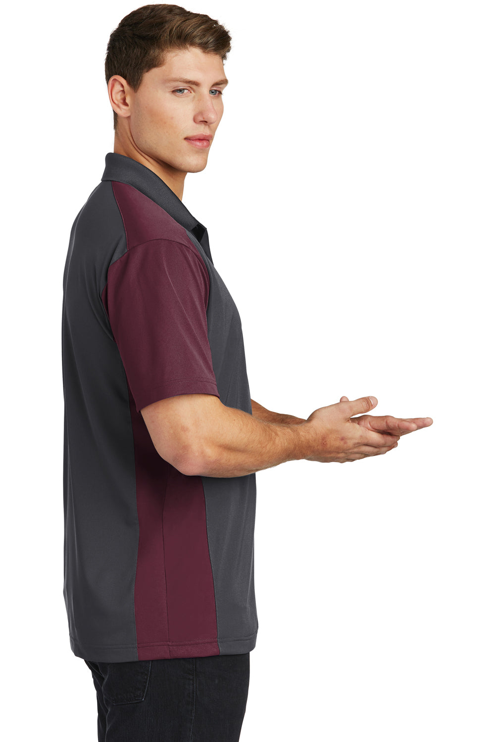 Sport-Tek ST652 Mens Sport-Wick Moisture Wicking Short Sleeve Polo Shirt Iron Grey/Maroon Model Side