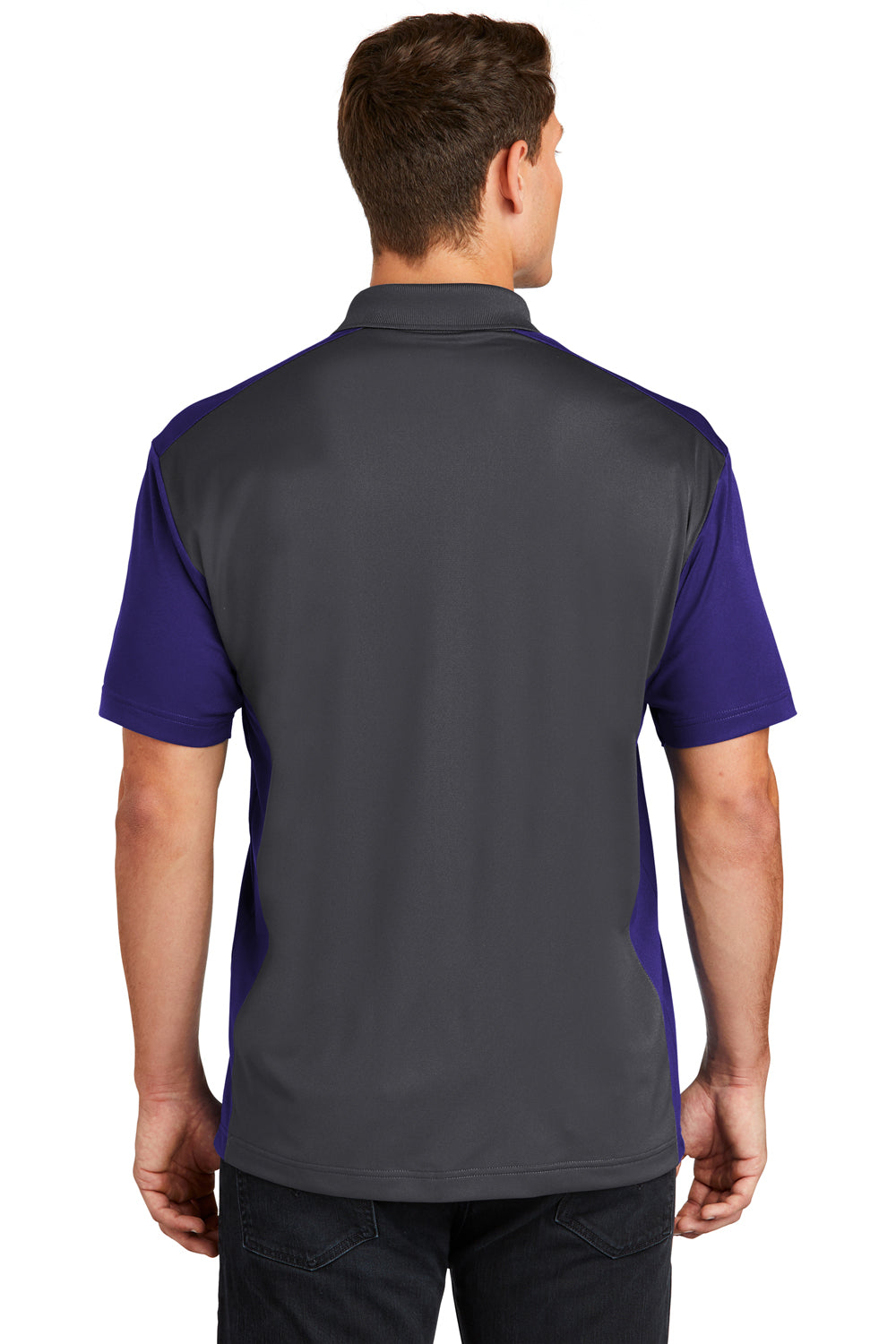 Sport-Tek ST652 Mens Sport-Wick Moisture Wicking Short Sleeve Polo Shirt Iron Grey/Purple Model Back