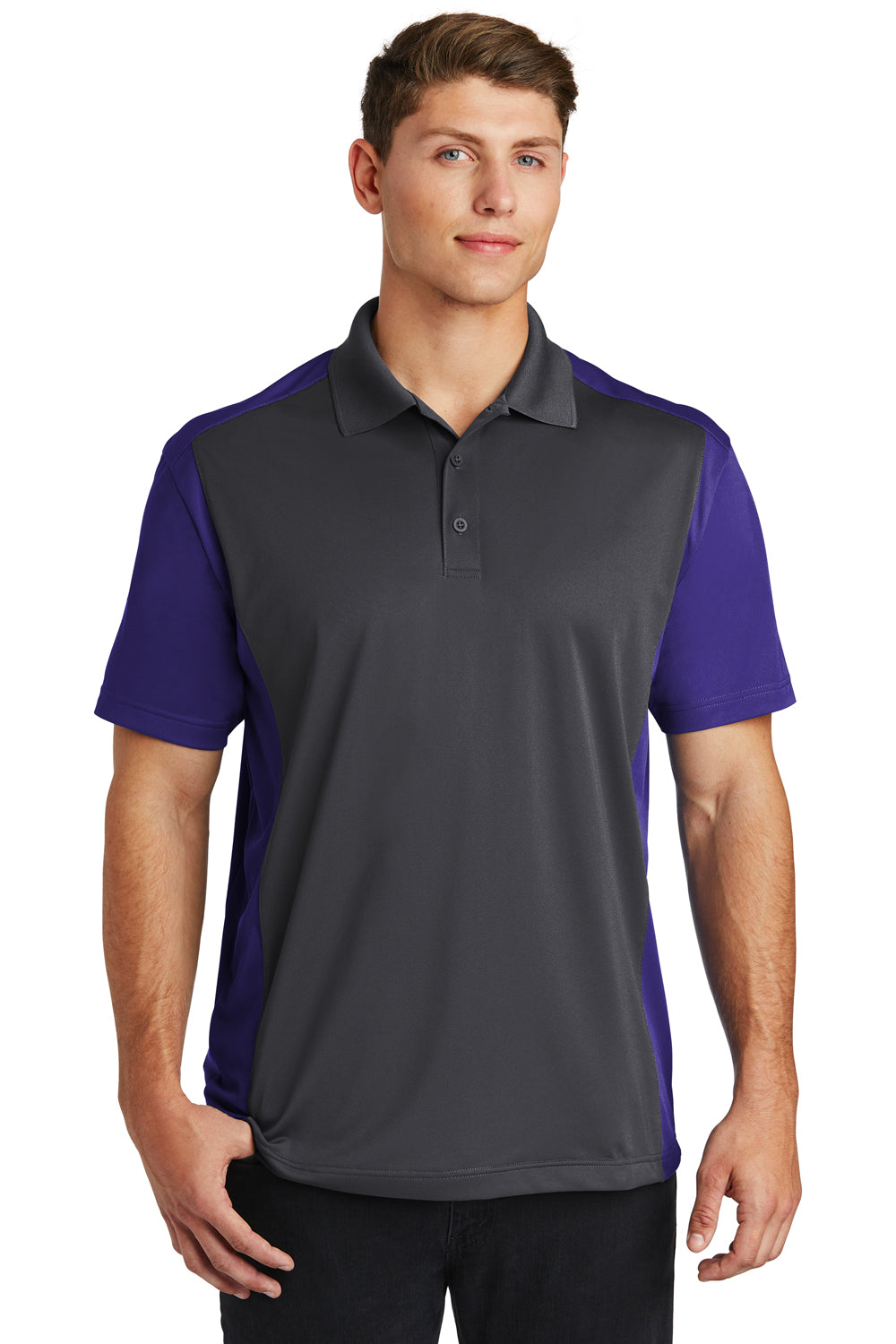 Sport-Tek ST652 Mens Sport-Wick Moisture Wicking Short Sleeve Polo Shirt Iron Grey/Purple Model Front