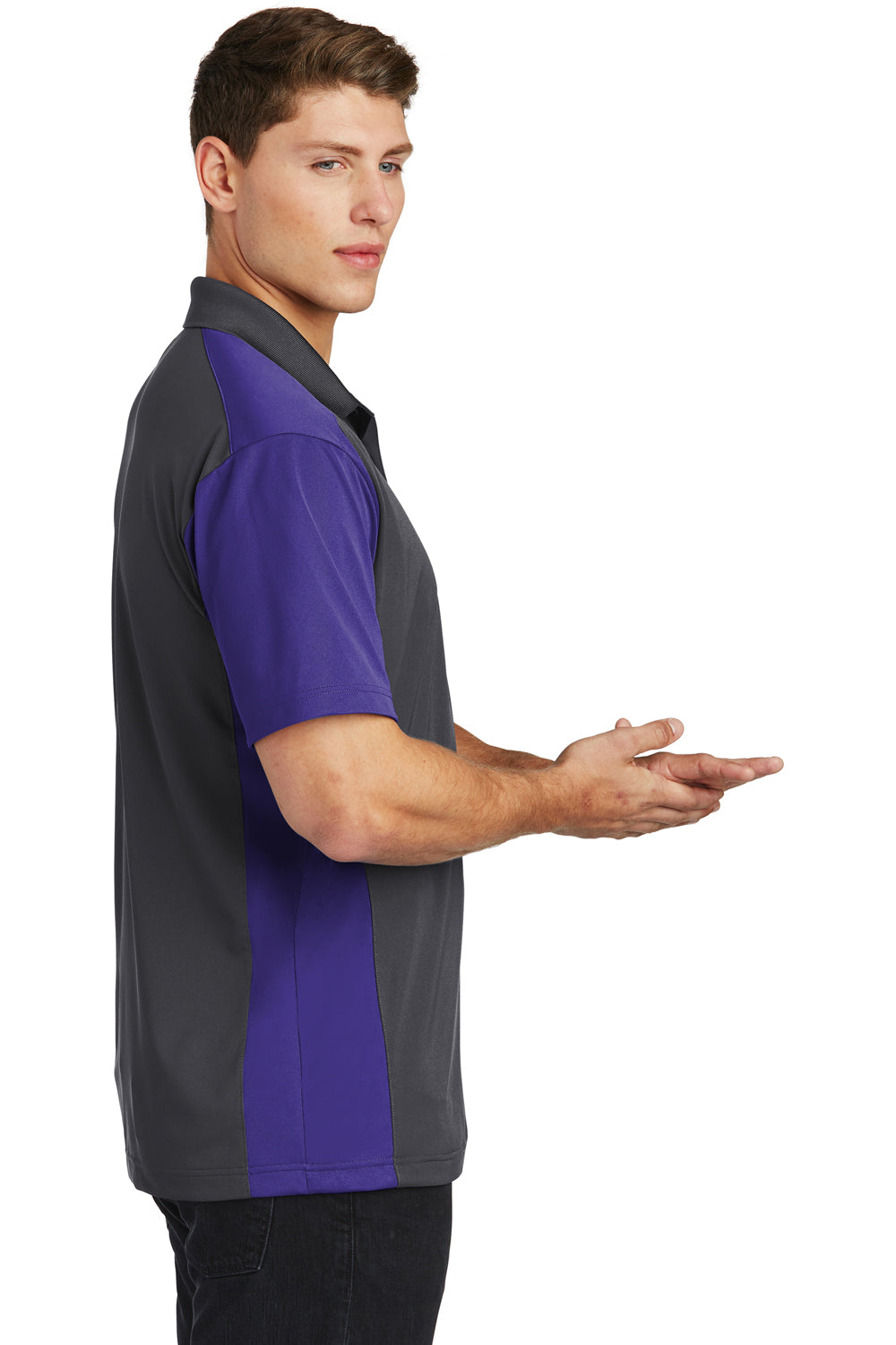 Sport-Tek ST652 Mens Sport-Wick Moisture Wicking Short Sleeve Polo Shirt Iron Grey/Purple Model Side