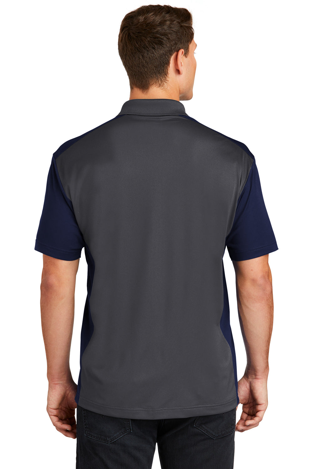 Sport-Tek ST652 Mens Sport-Wick Moisture Wicking Short Sleeve Polo Shirt Iron Grey/True Navy Blue Model Back