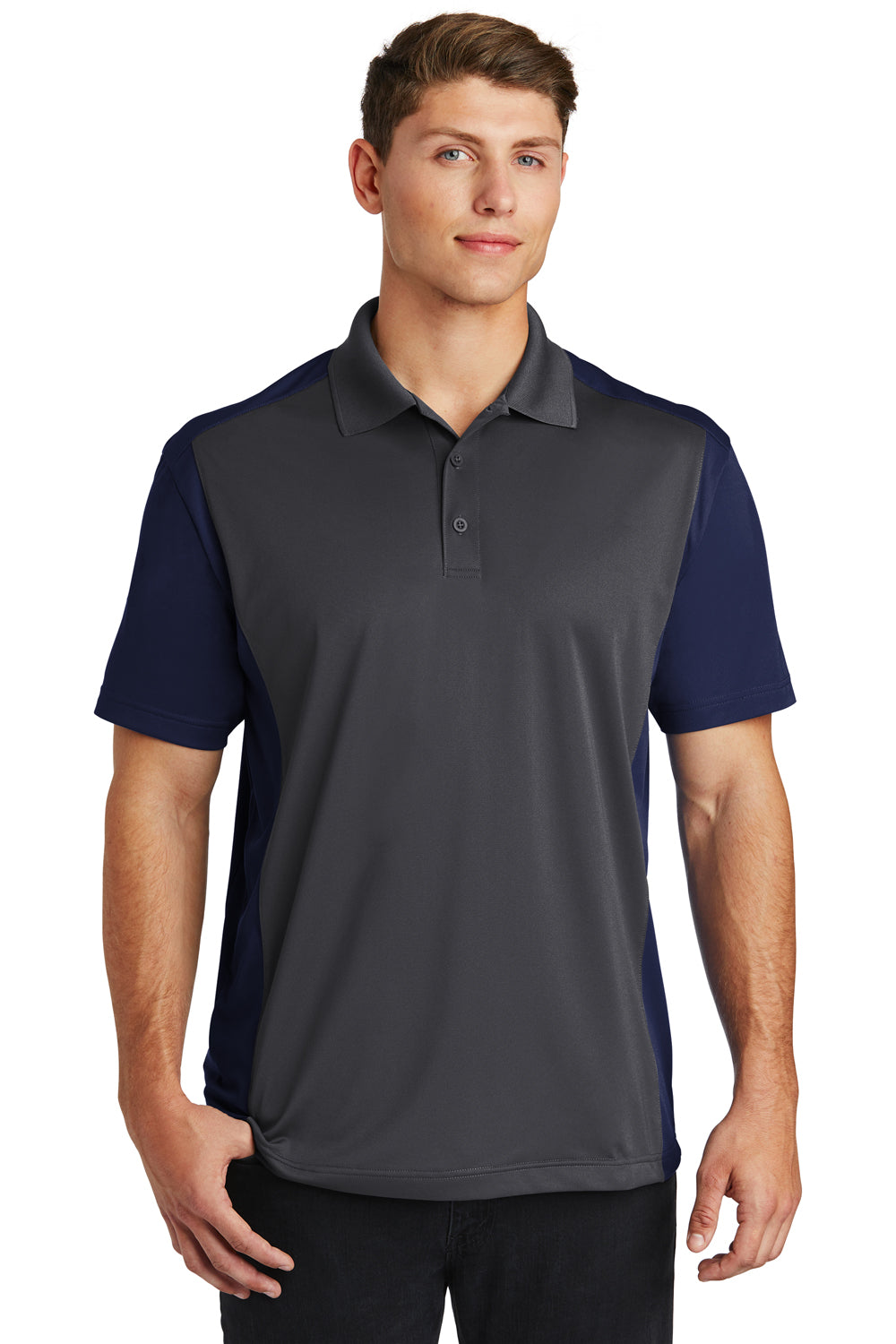 Sport-Tek ST652 Mens Sport-Wick Moisture Wicking Short Sleeve Polo Shirt Iron Grey/True Navy Blue Model Front