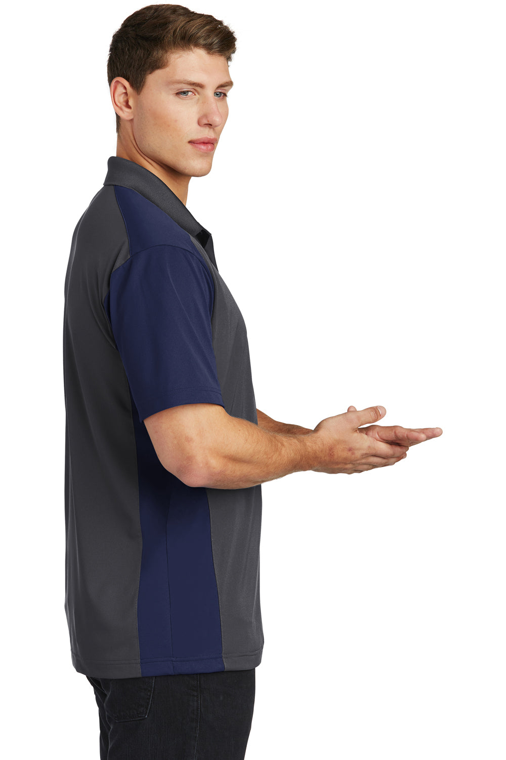 Sport-Tek ST652 Mens Sport-Wick Moisture Wicking Short Sleeve Polo Shirt Iron Grey/True Navy Blue Model Side