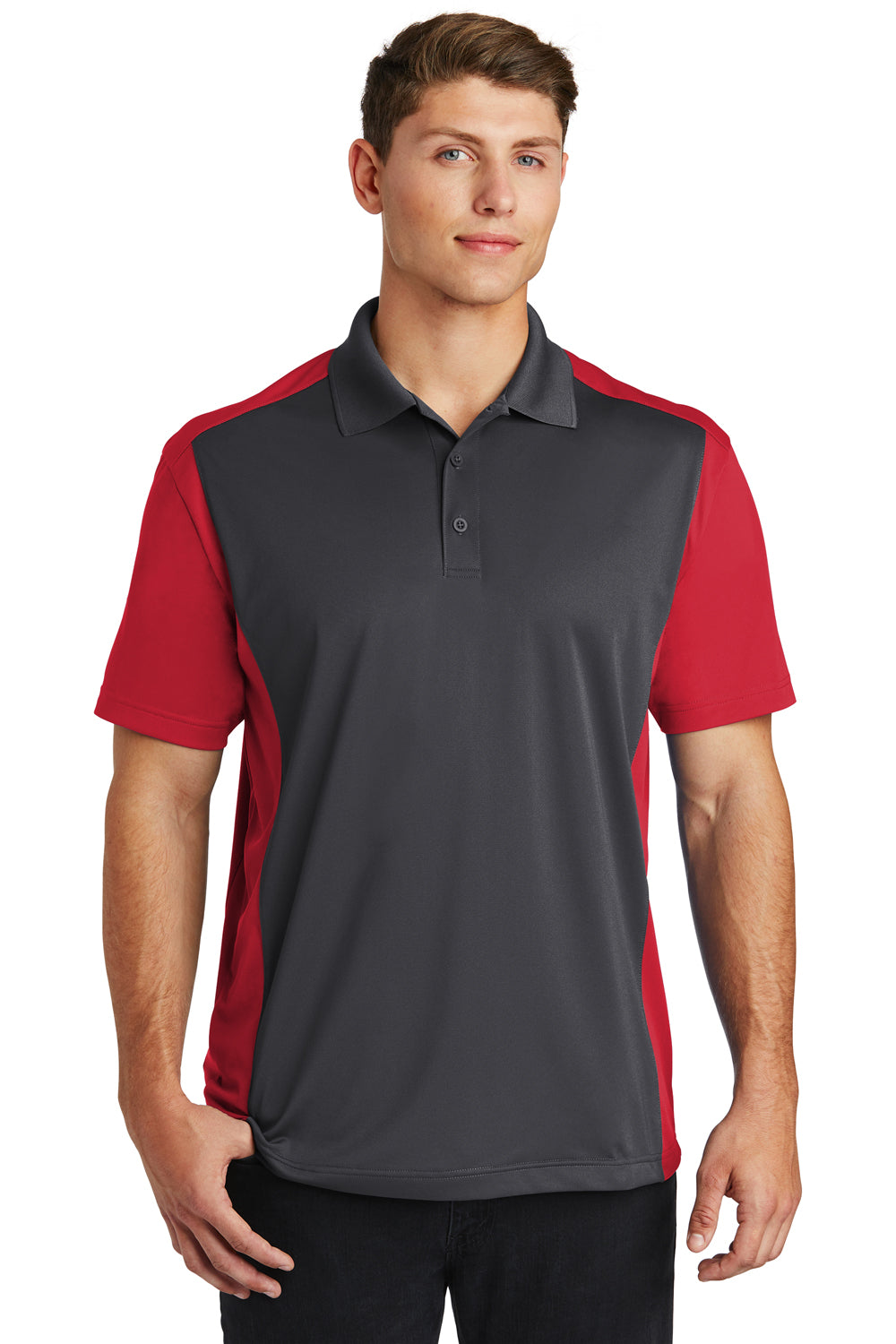 Sport-Tek ST652 Mens Sport-Wick Moisture Wicking Short Sleeve Polo Shirt Iron Grey/True Red Model Front