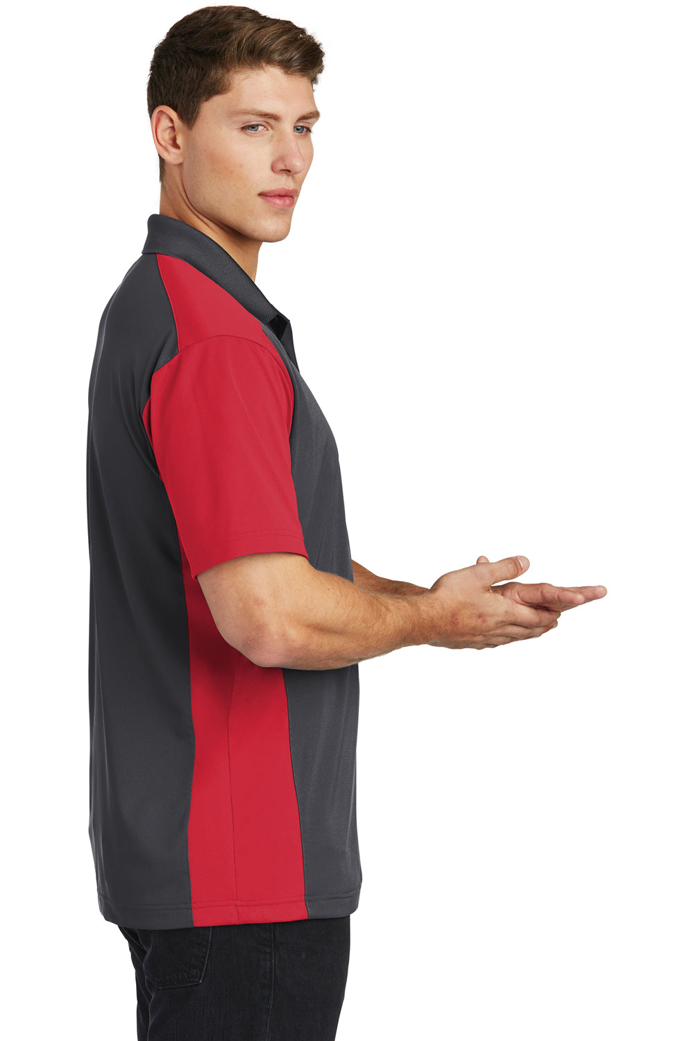 Sport-Tek ST652 Mens Sport-Wick Moisture Wicking Short Sleeve Polo Shirt Iron Grey/True Red Model Side