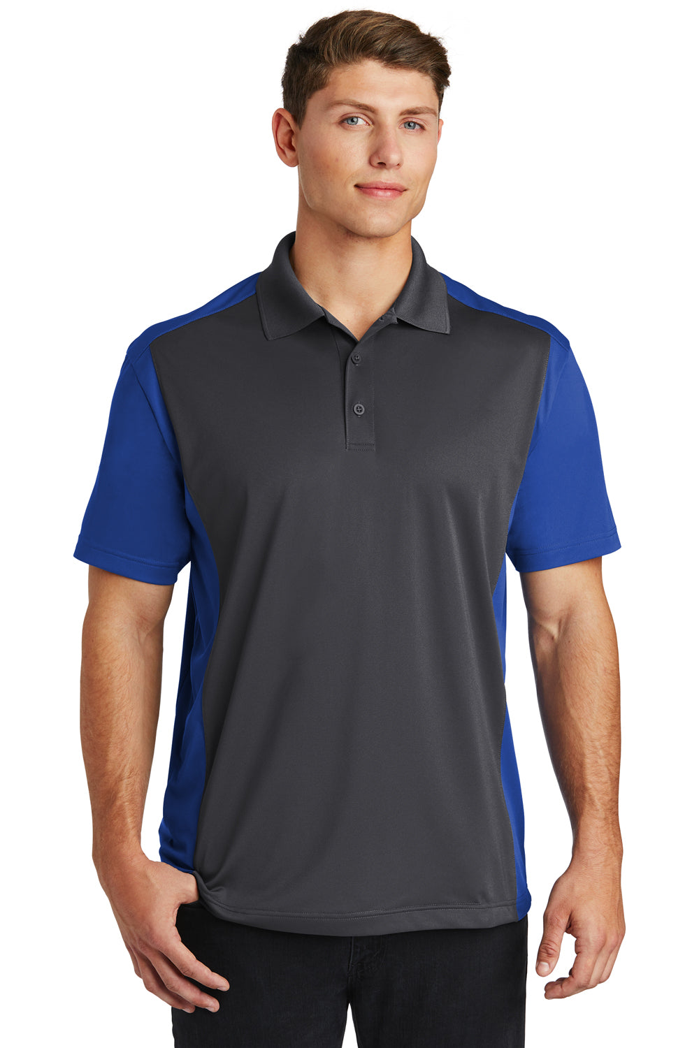 Sport-Tek ST652 Mens Sport-Wick Moisture Wicking Short Sleeve Polo Shirt Iron Grey/True Royal Blue Model Front