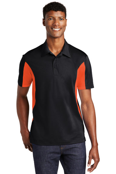 Sport-Tek ST655/TST655 Mens Sport-Wick Moisture Wicking Short Sleeve Polo Shirt Black/Deep Orange Model Front