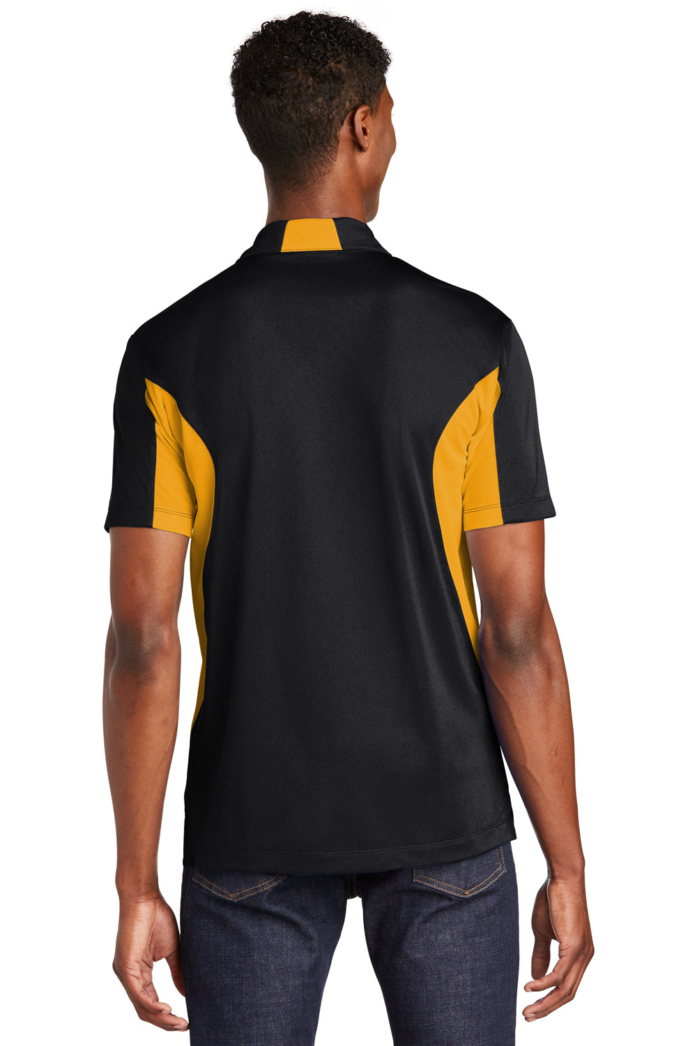 Sport-Tek ST655/TST655 Mens Sport-Wick Moisture Wicking Short Sleeve Polo Shirt Black/Gold Model Back