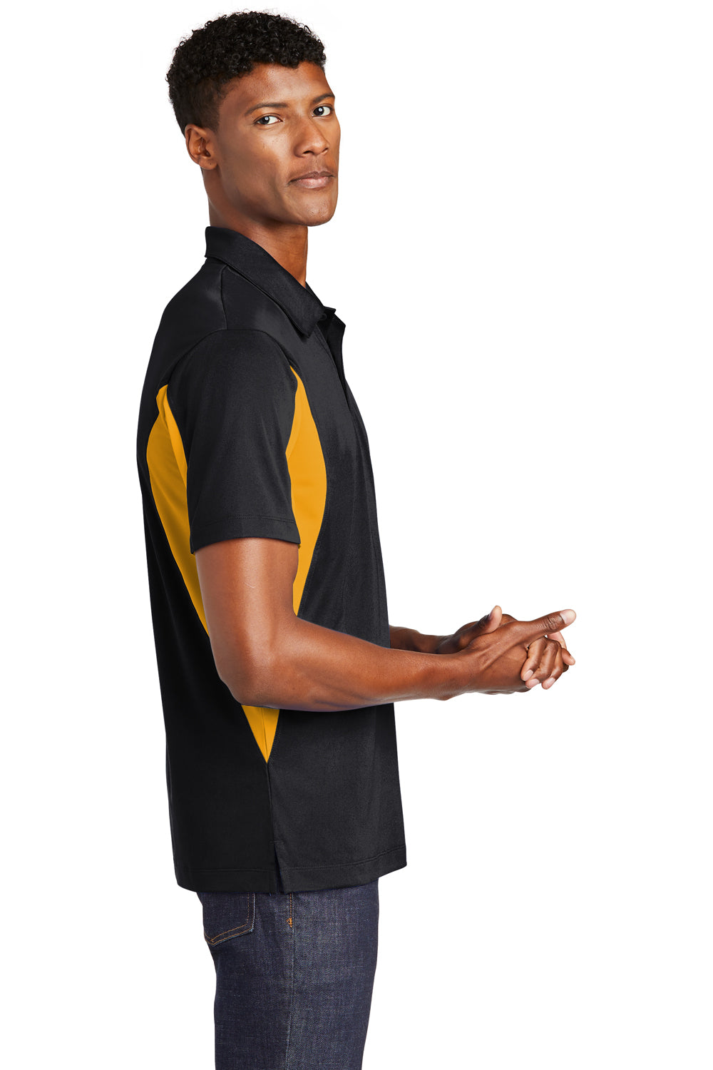 Sport-Tek ST655/TST655 Mens Sport-Wick Moisture Wicking Short Sleeve Polo Shirt Black/Gold Model Side