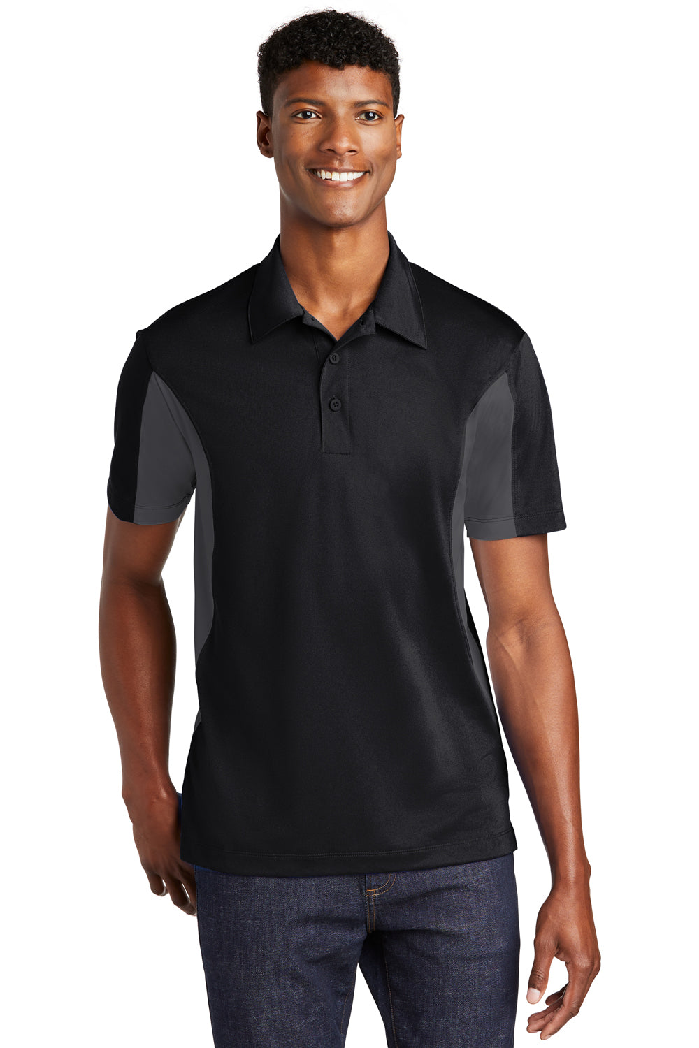 Sport-Tek ST655/TST655 Mens Sport-Wick Moisture Wicking Short Sleeve Polo Shirt Black/Iron Grey Model Front