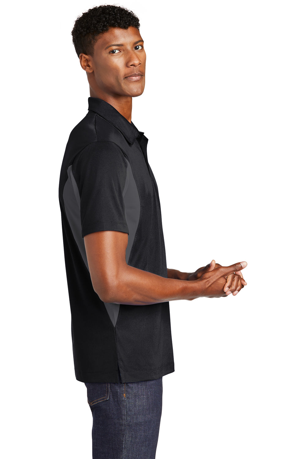 Sport-Tek ST655/TST655 Mens Sport-Wick Moisture Wicking Short Sleeve Polo Shirt Black/Iron Grey Model Side