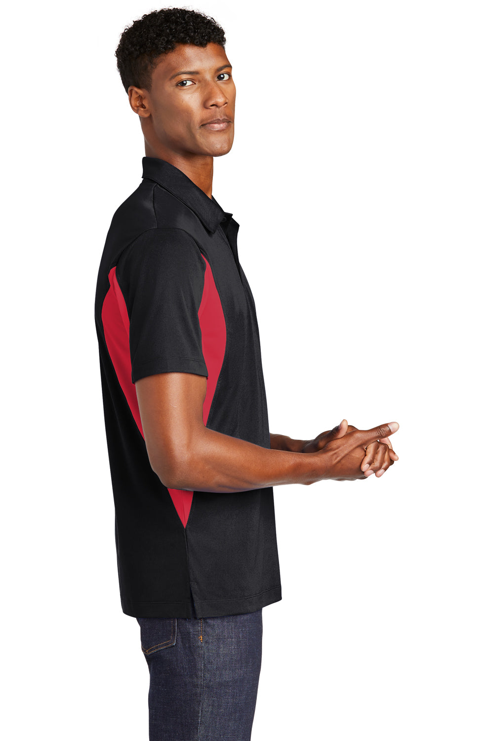 Sport-Tek ST655/TST655 Mens Sport-Wick Moisture Wicking Short Sleeve Polo Shirt Black/True Red Model Side