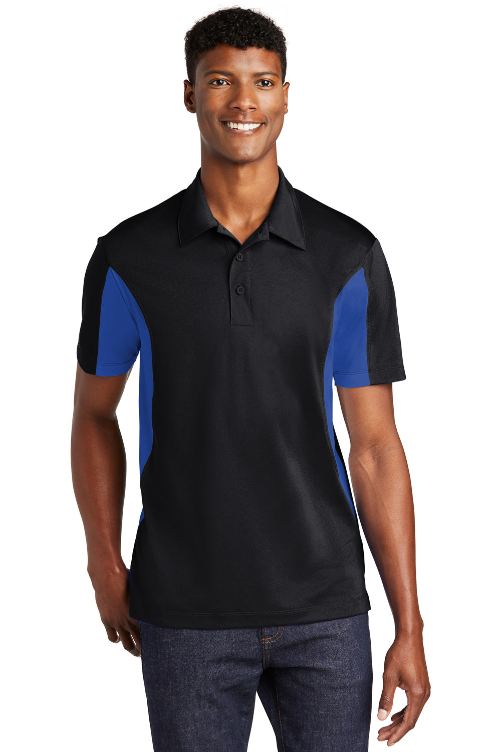 Sport-Tek ST655/TST655 Mens Sport-Wick Moisture Wicking Short Sleeve Polo Shirt Black/True Royal Blue Model Front