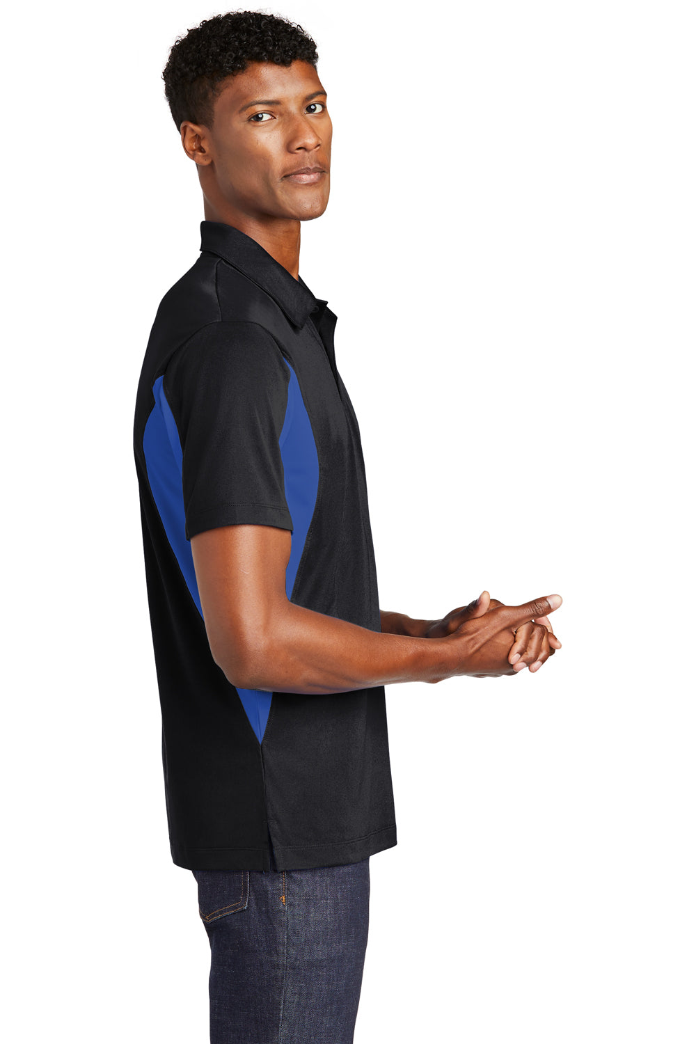 Sport-Tek ST655/TST655 Mens Sport-Wick Moisture Wicking Short Sleeve Polo Shirt Black/True Royal Blue Model Side