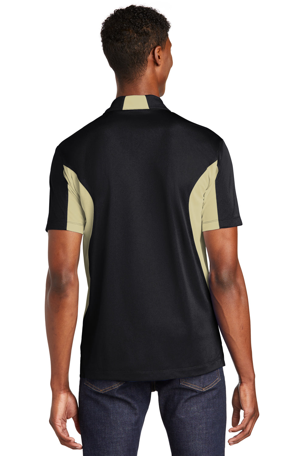 Sport-Tek ST655/TST655 Mens Sport-Wick Moisture Wicking Short Sleeve Polo Shirt Black/Vegas Gold Model Back