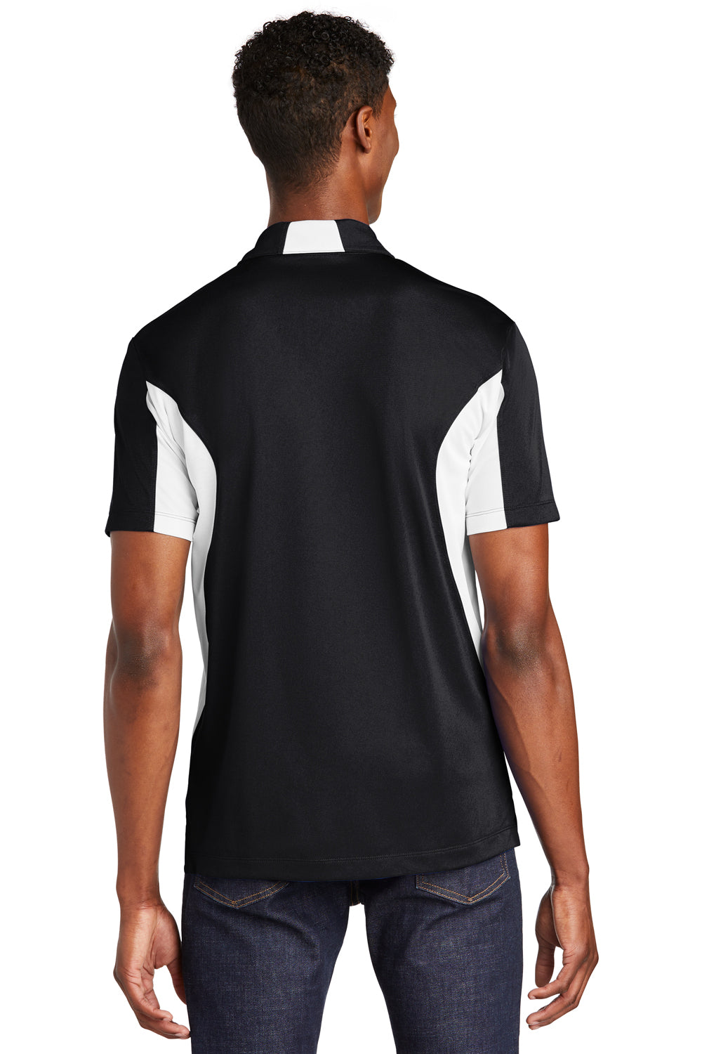 Sport-Tek ST655/TST655 Mens Sport-Wick Moisture Wicking Short Sleeve Polo Shirt Black/White Model Back