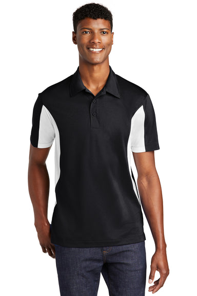 Sport-Tek ST655/TST655 Mens Sport-Wick Moisture Wicking Short Sleeve Polo Shirt Black/White Model Front