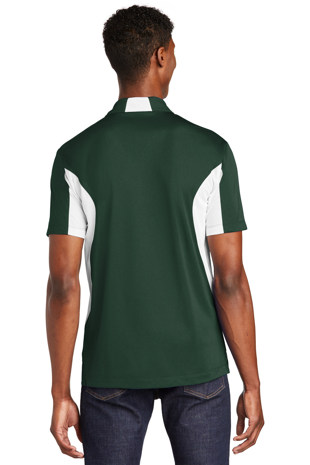 Sport-Tek ST655/TST655 Mens Sport-Wick Moisture Wicking Short Sleeve Polo Shirt Forest Green/White Model Back