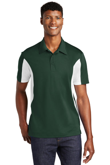 Sport-Tek ST655/TST655 Mens Sport-Wick Moisture Wicking Short Sleeve Polo Shirt Forest Green/White Model Front