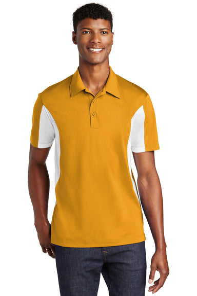 Sport-Tek ST655/TST655 Mens Sport-Wick Moisture Wicking Short Sleeve Polo Shirt Gold/White Model Front