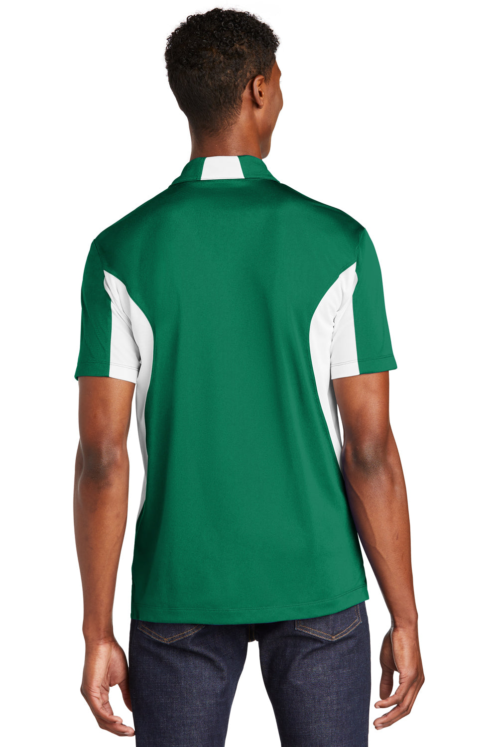 Sport-Tek ST655/TST655 Mens Sport-Wick Moisture Wicking Short Sleeve Polo Shirt Kelly Green/White Model Back