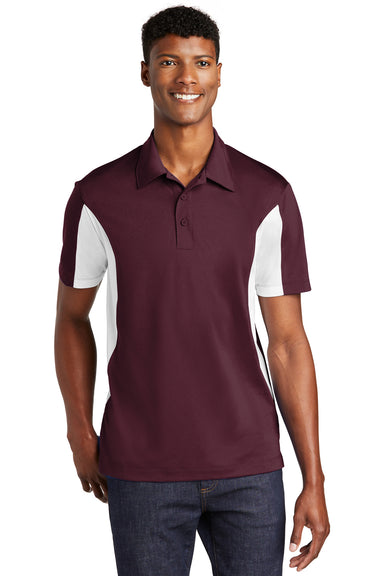 Sport-Tek ST655/TST655 Mens Sport-Wick Moisture Wicking Short Sleeve Polo Shirt Maroon/White Model Front