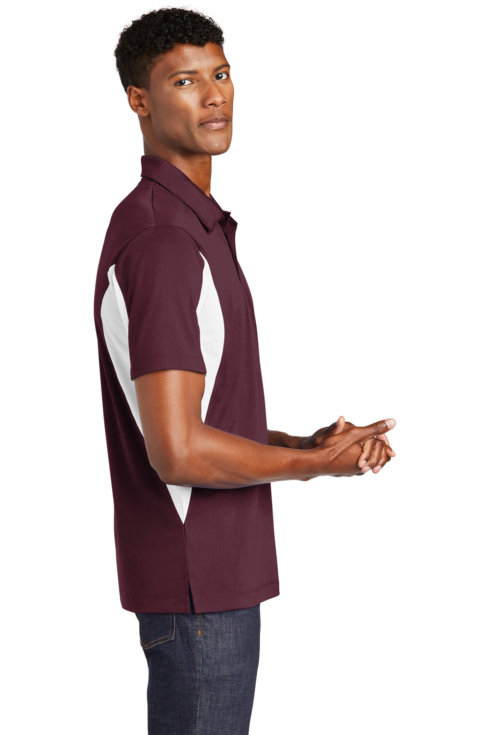 Sport-Tek ST655/TST655 Mens Sport-Wick Moisture Wicking Short Sleeve Polo Shirt Maroon/White Model Side