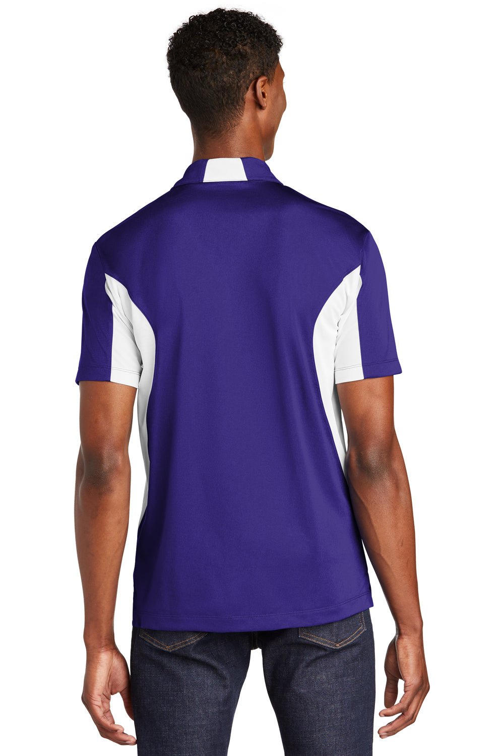 Sport-Tek ST655/TST655 Mens Sport-Wick Moisture Wicking Short Sleeve Polo Shirt Purple/White Model Back