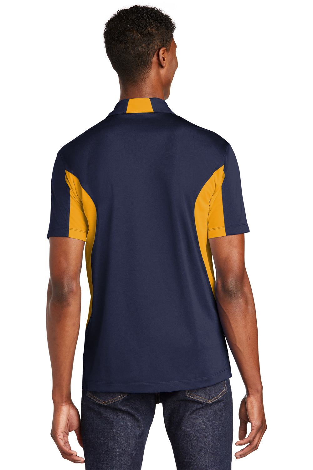 Sport-Tek ST655/TST655 Mens Sport-Wick Moisture Wicking Short Sleeve Polo Shirt True Navy Blue/Gold Model Back