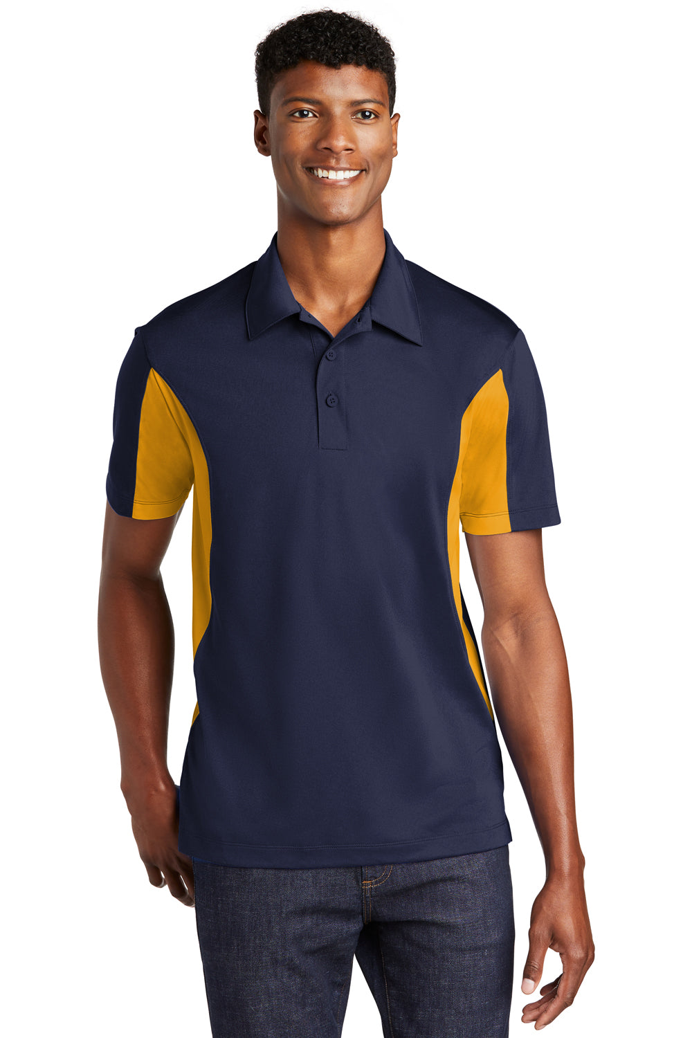 Sport Tek Mens Sport Wick Moisture Wicking Short Sleeve Polo Shirt True Navy Blue Gold