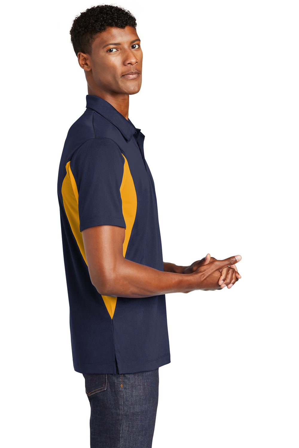 Sport-Tek ST655/TST655 Mens Sport-Wick Moisture Wicking Short Sleeve Polo Shirt True Navy Blue/Gold Model Side