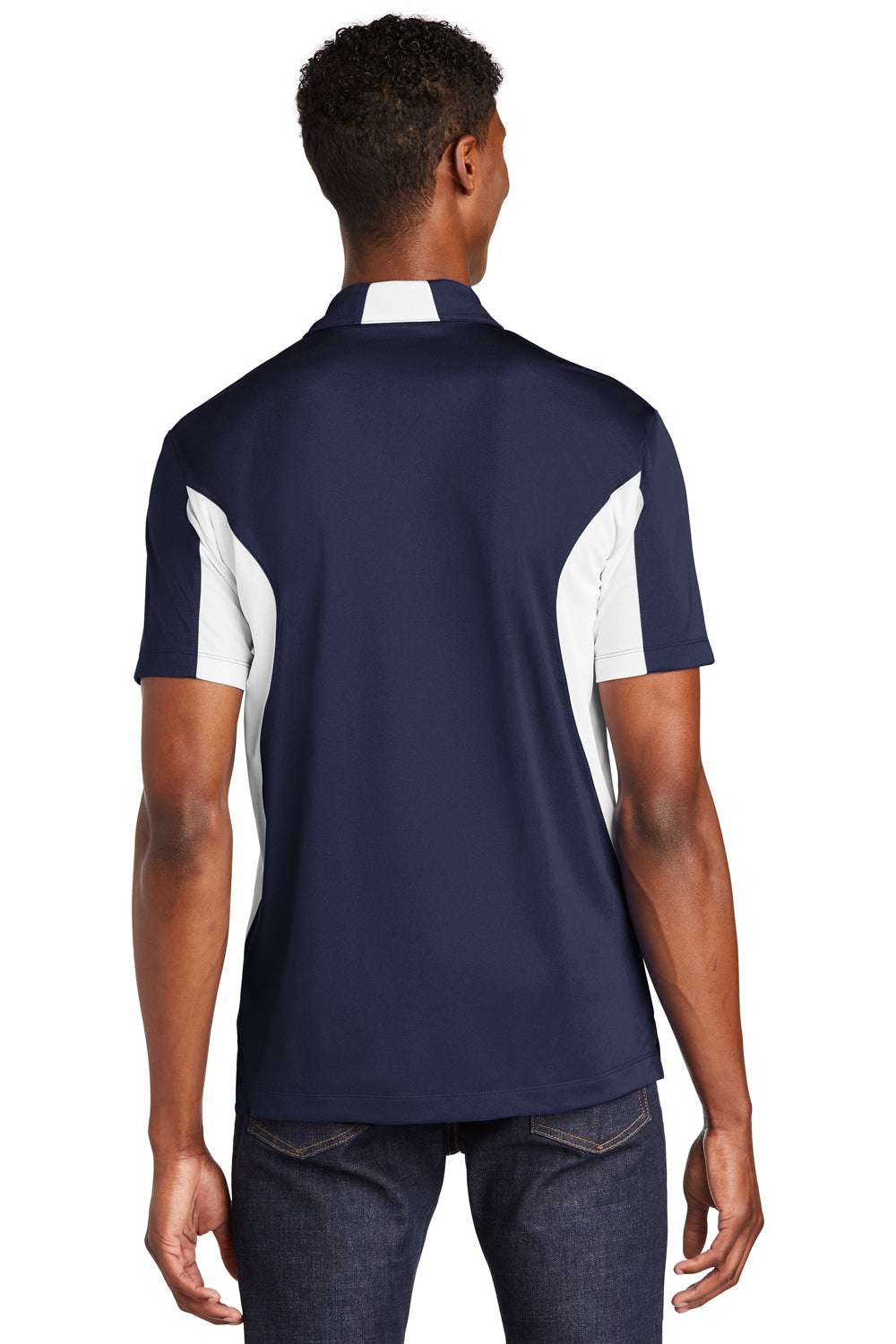 Sport-Tek ST655/TST655 Mens Sport-Wick Moisture Wicking Short Sleeve Polo Shirt True Navy Blue/White Model Back