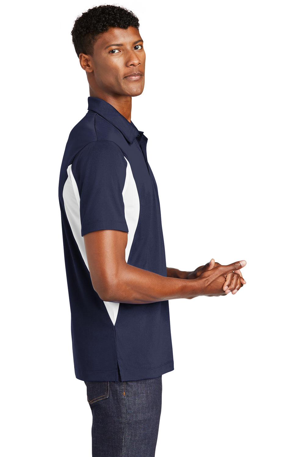 Sport-Tek ST655/TST655 Mens Sport-Wick Moisture Wicking Short Sleeve Polo Shirt True Navy Blue/White Model Side