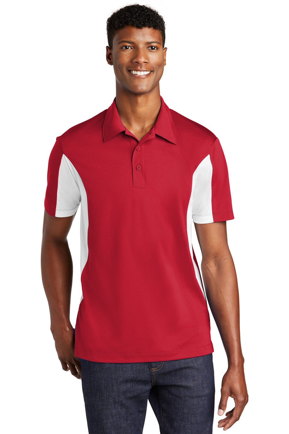 Sport-Tek ST655/TST655 Mens Sport-Wick Moisture Wicking Short Sleeve Polo Shirt True Red/White Model Front