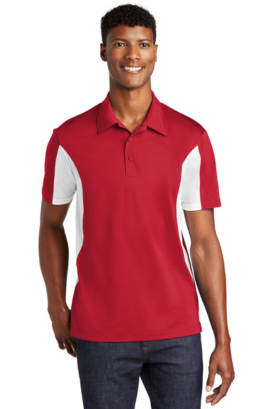 Sport-Tek ST655/TST655 Mens Sport-Wick Moisture Wicking Short Sleeve Polo Shirt True Red/White Model Front