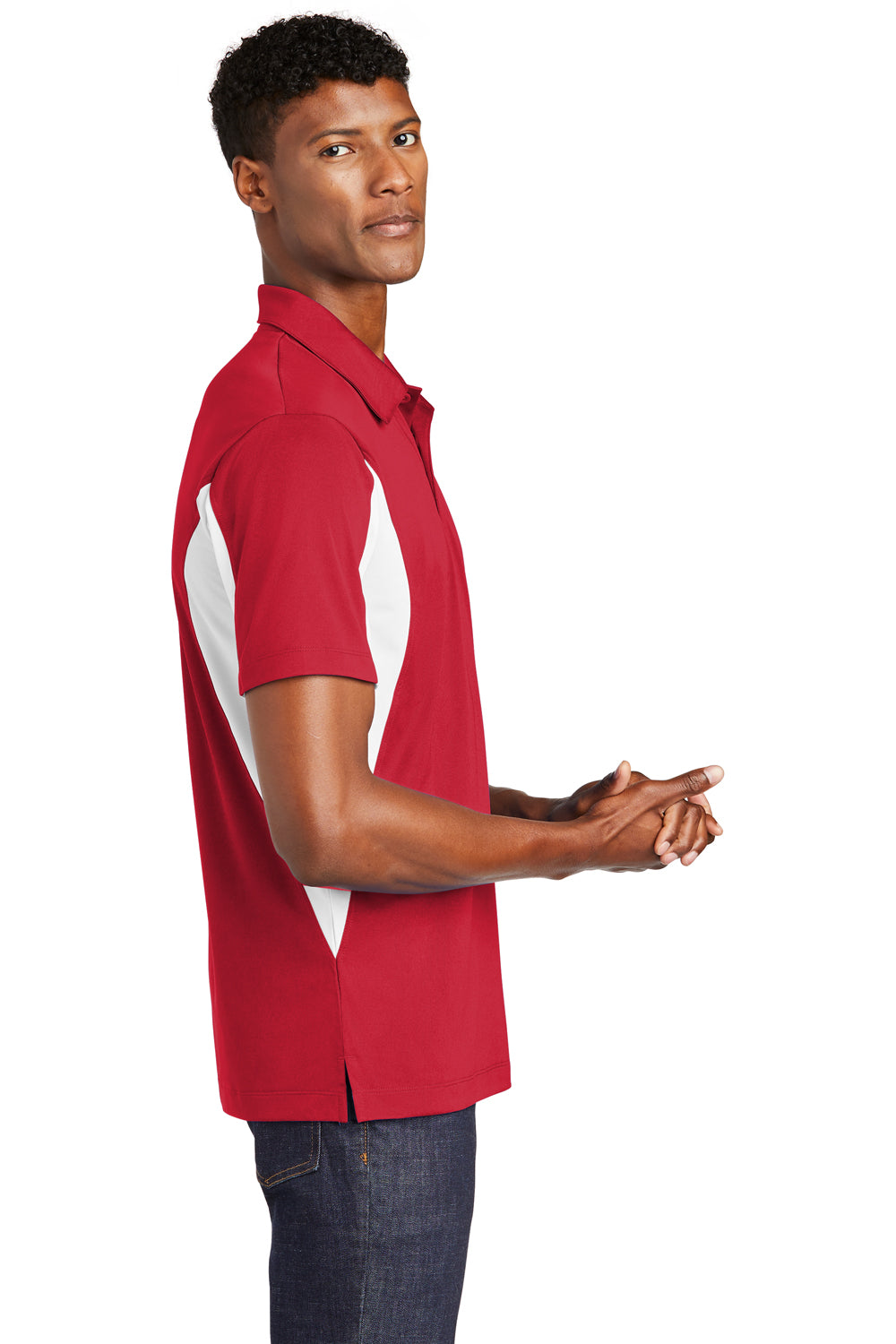 Sport-Tek ST655/TST655 Mens Sport-Wick Moisture Wicking Short Sleeve Polo Shirt True Red/White Model Side