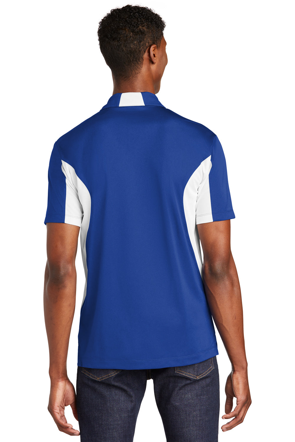 Sport-Tek ST655/TST655 Mens Sport-Wick Moisture Wicking Short Sleeve Polo Shirt True Royal Blue/White Model Back