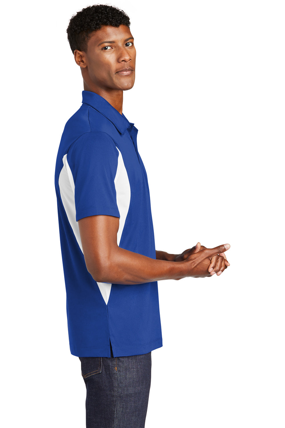 Sport-Tek ST655/TST655 Mens Sport-Wick Moisture Wicking Short Sleeve Polo Shirt True Royal Blue/White Model Side