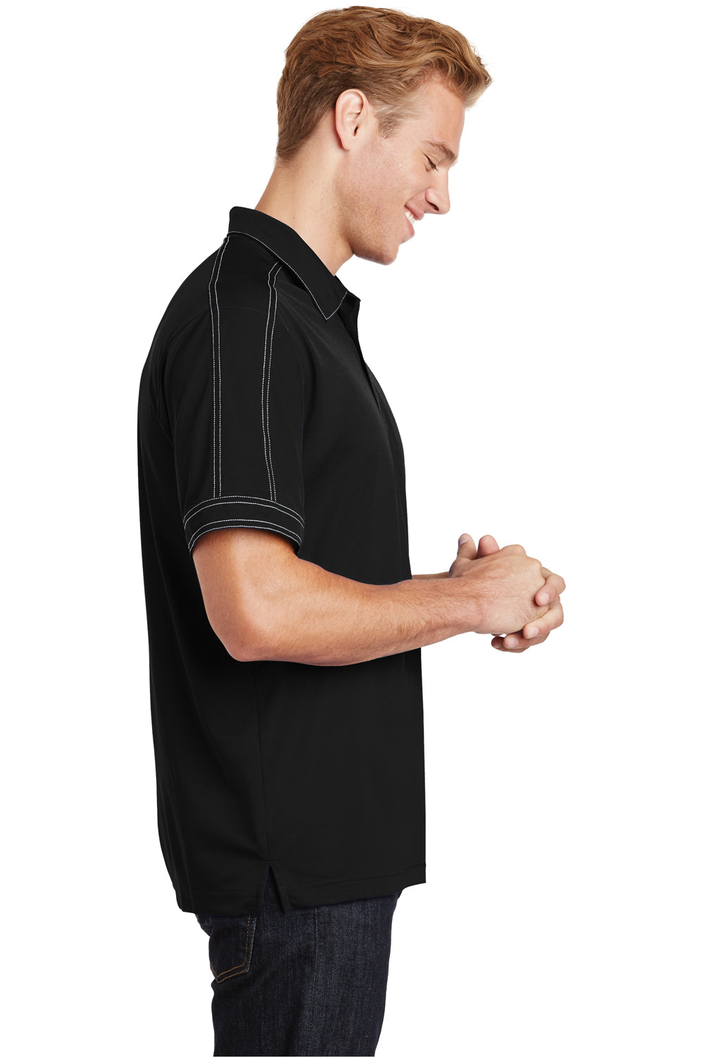 Sport-Tek ST659 Mens Sport-Wick Moisture Wicking Short Sleeve Polo Shirt Black Model Side