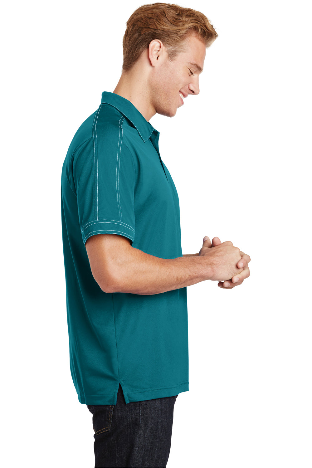 Sport-Tek ST659 Mens Sport-Wick Moisture Wicking Short Sleeve Polo Shirt Tropic Blue Model Side