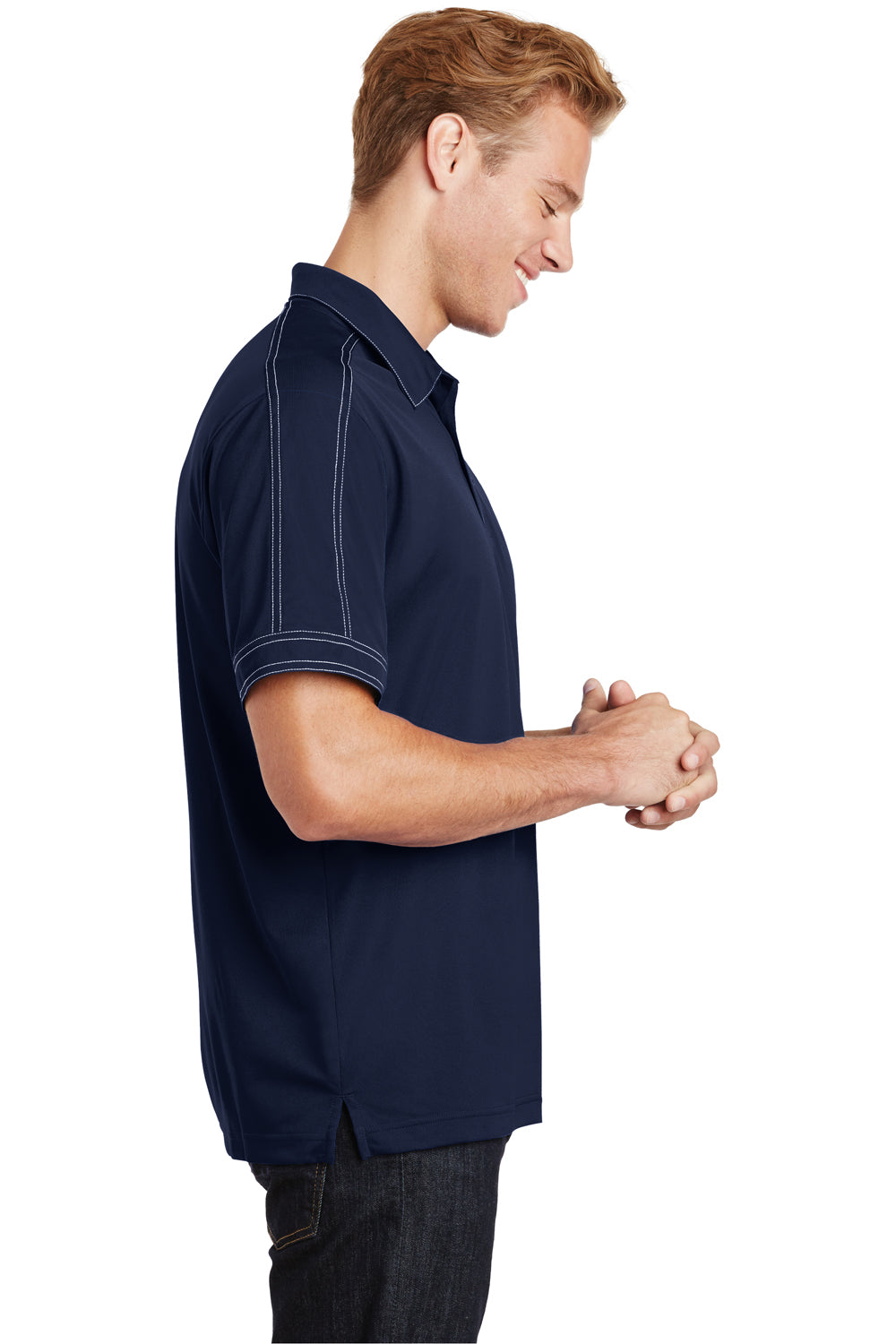 Sport-Tek ST659 Mens Sport-Wick Moisture Wicking Short Sleeve Polo Shirt True Navy Blue Model Side