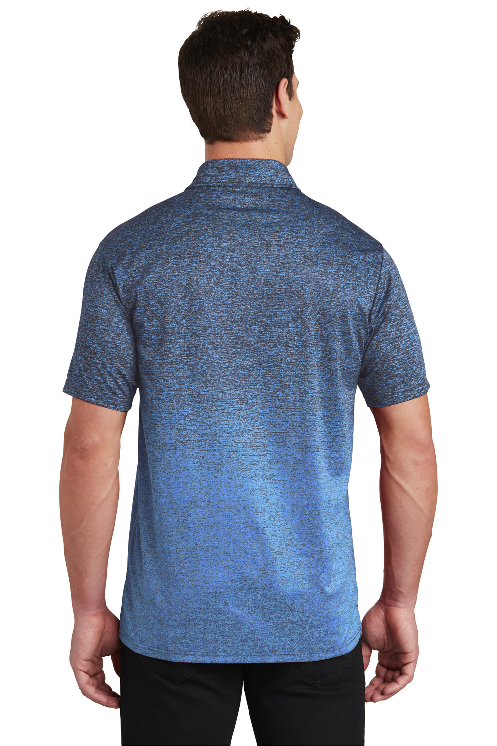 Sport-Tek ST671 Mens Ombre Heather Moisture Wicking Short Sleeve Polo Shirt Carolina Blue/True Navy Blue Model Back