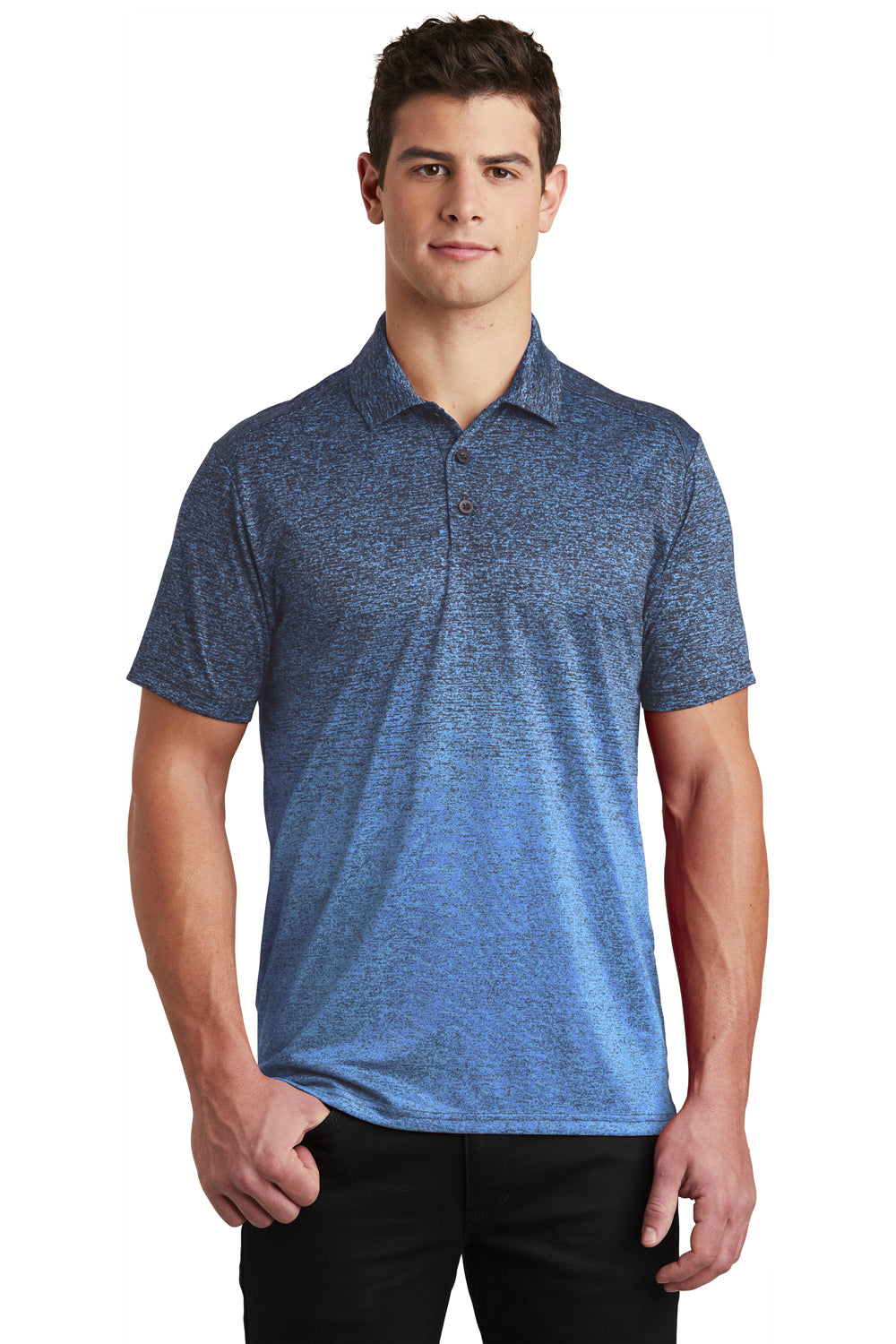 Sport-Tek ST671 Mens Ombre Heather Moisture Wicking Short Sleeve Polo Shirt Carolina Blue/True Navy Blue Model Front