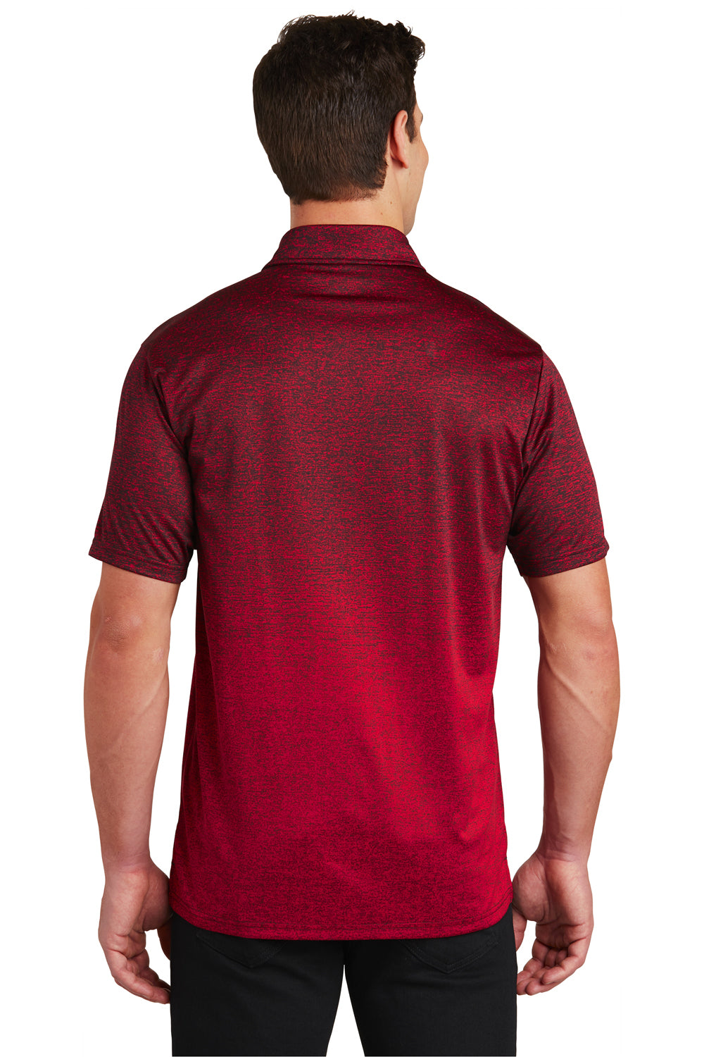 Sport-Tek ST671 Mens Ombre Heather Moisture Wicking Short Sleeve Polo Shirt Deep Red/Black Model Back