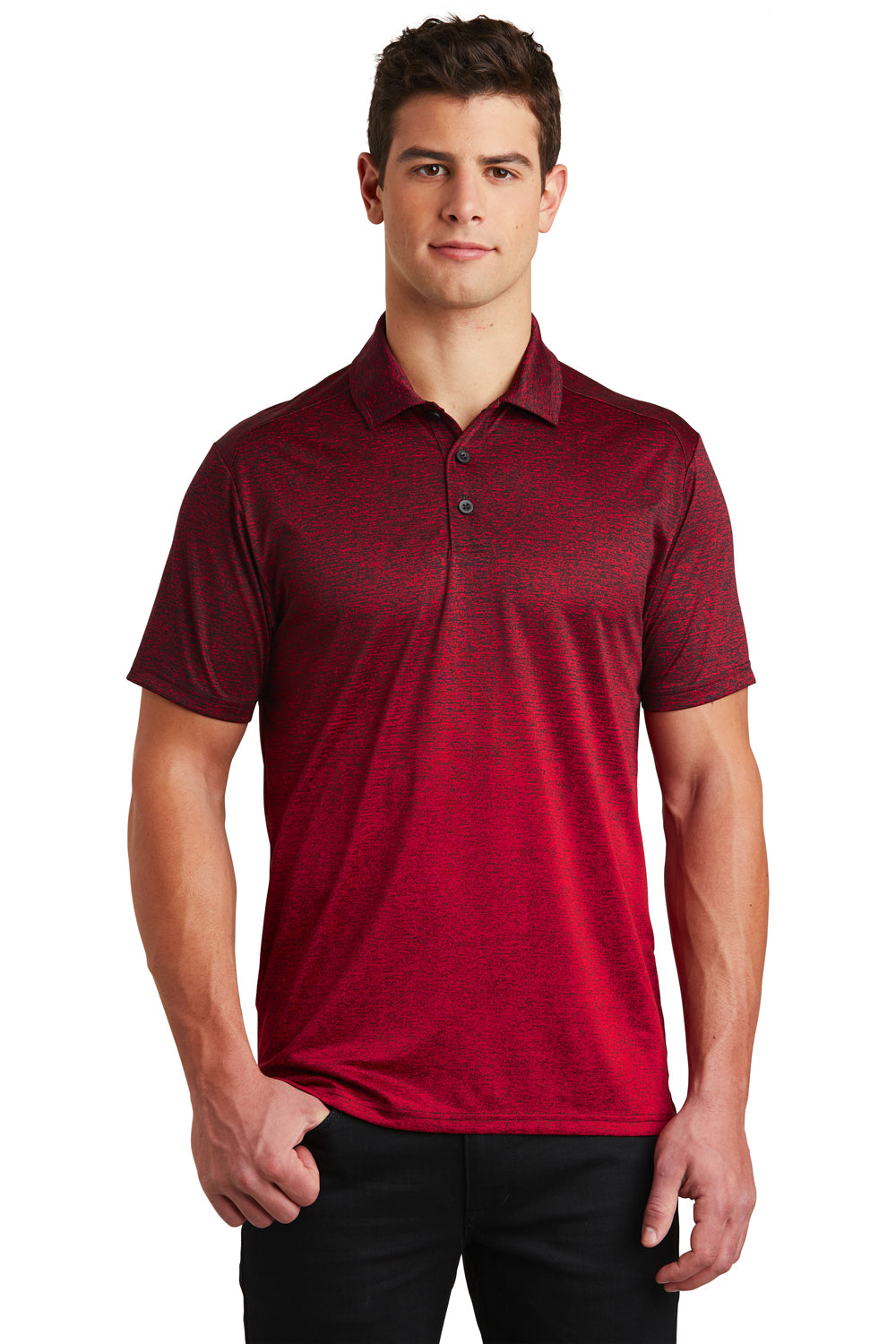 Sport-Tek ST671 Mens Ombre Heather Moisture Wicking Short Sleeve Polo Shirt Deep Red/Black Model Front