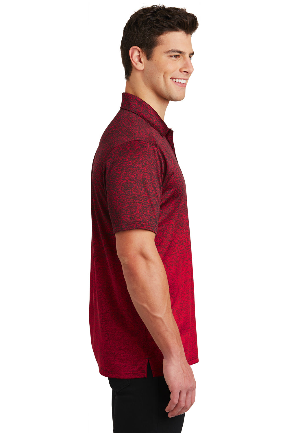 Sport-Tek ST671 Mens Ombre Heather Moisture Wicking Short Sleeve Polo Shirt Deep Red/Black Model Side