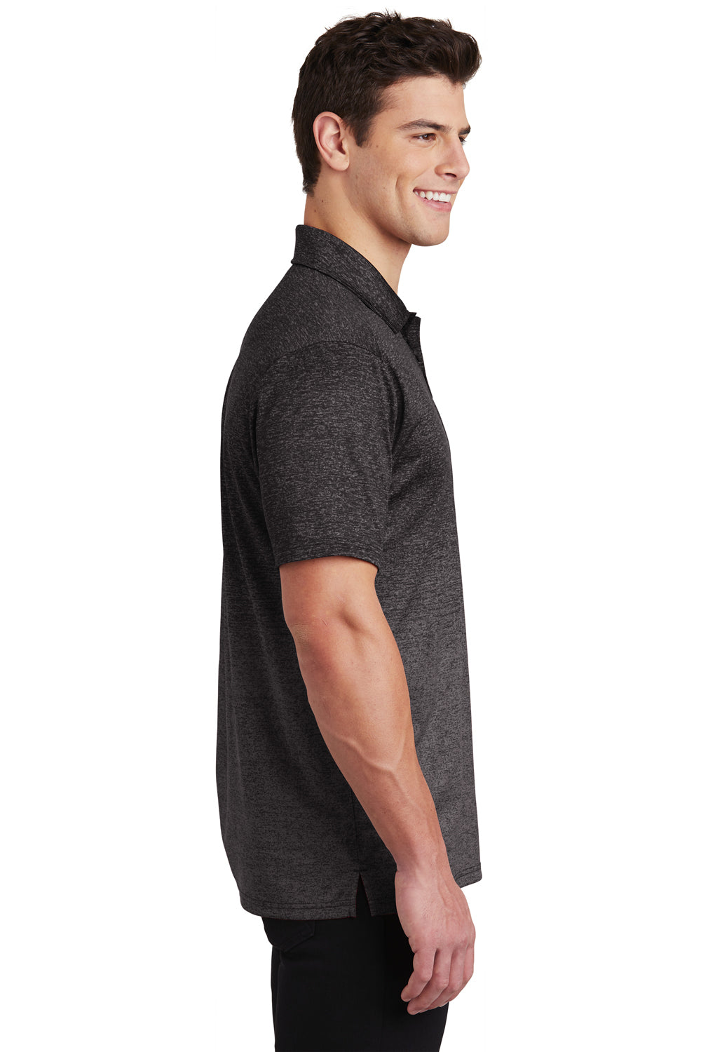 Sport-Tek ST671 Mens Ombre Heather Moisture Wicking Short Sleeve Polo Shirt Iron Grey/Black Model Side