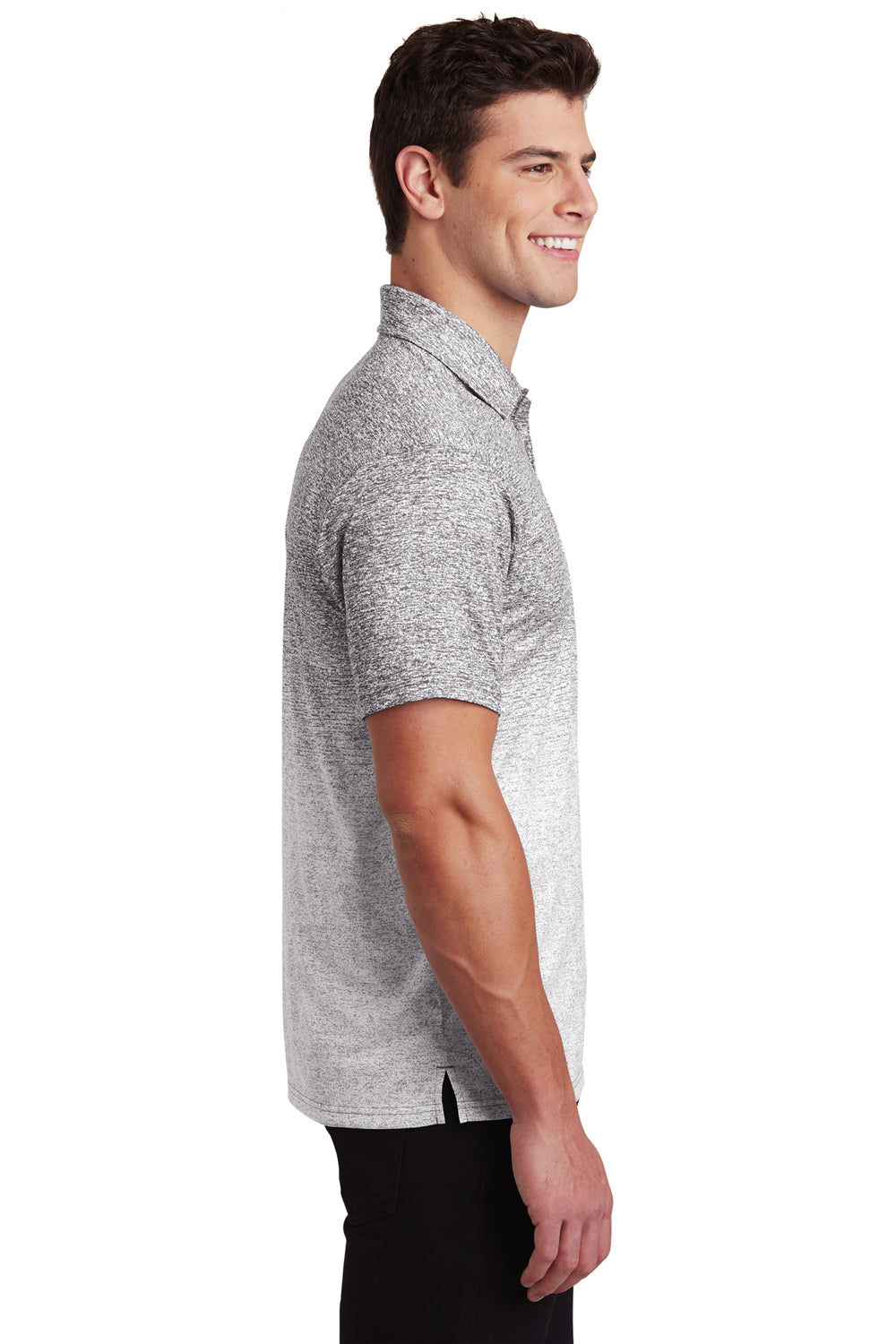 Sport-Tek ST671 Mens Ombre Heather Moisture Wicking Short Sleeve Polo Shirt White/Graphite Grey Model Side